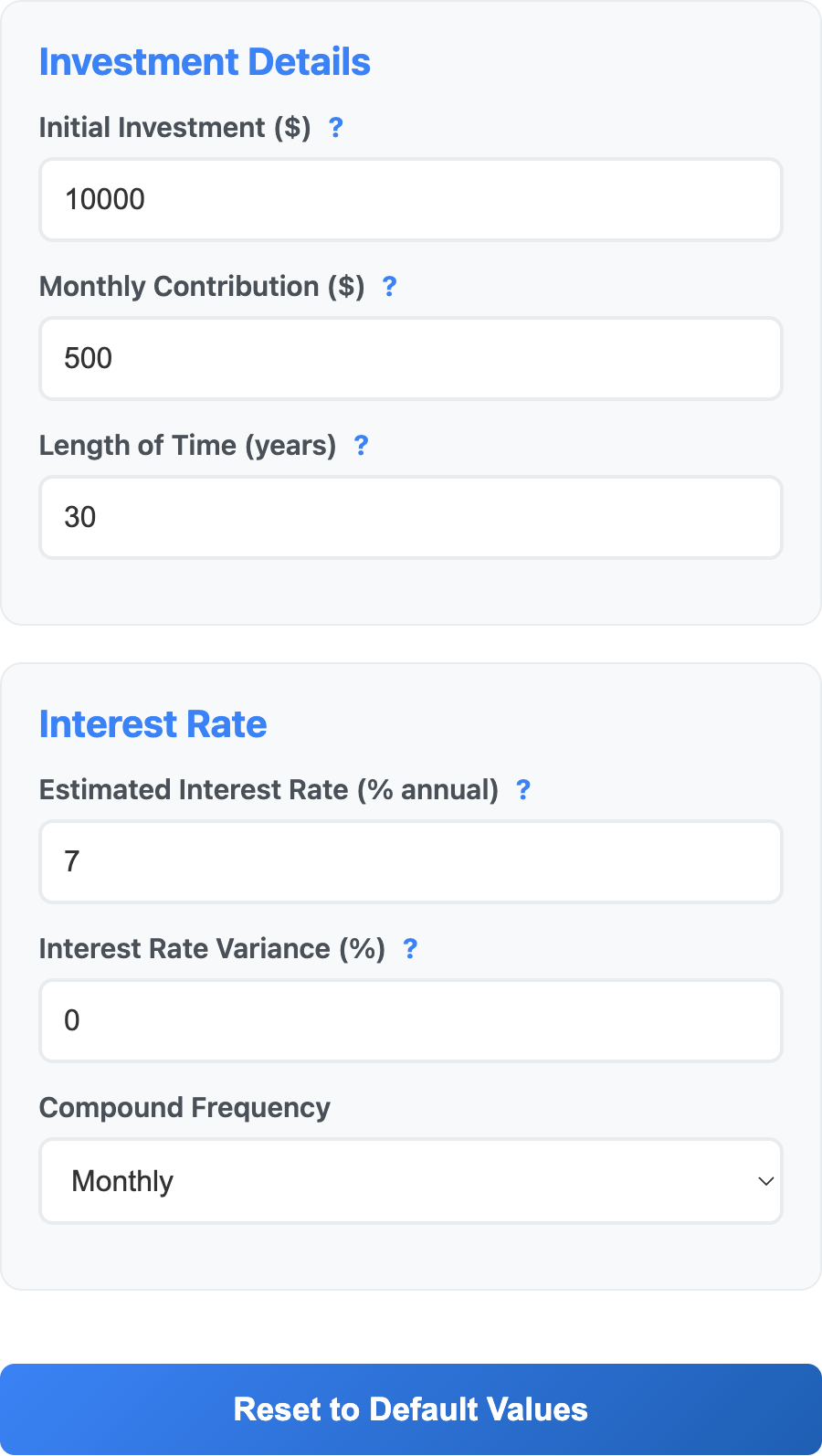 Compound interest calculator input fields showing $10,000 initial investment, $500 monthly contribution, 30 years, 7% annual rate, 0% variance, and monthly compounding